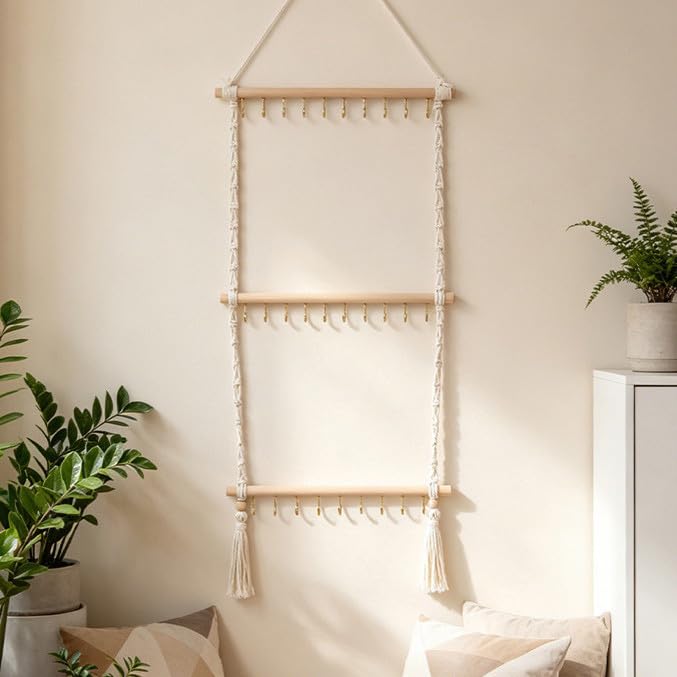 Boho Hanging Jewelry Organizer&30 Hooks, Necklace Holder, Handmade Woven - image 4