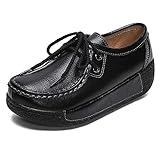  lovejin Damen Schnürschuhe Leder Plateau Sportschuhe Bequeme Low Top Mokassins Outdoor Keil Schuhe