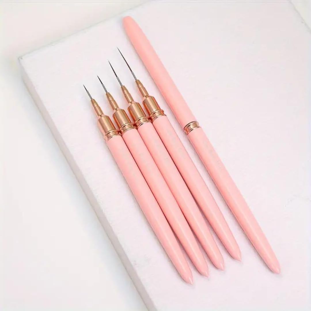 PUSHPA BAA Nail Art Liner Brushes, 5Pcs Painting Nail Art Brush Set Nail Dotting Drawing Tool for Long Lines, Thin Details, Fine Drawing Sizes 4/8/12/20/25mm (Color: Pink)-image-0