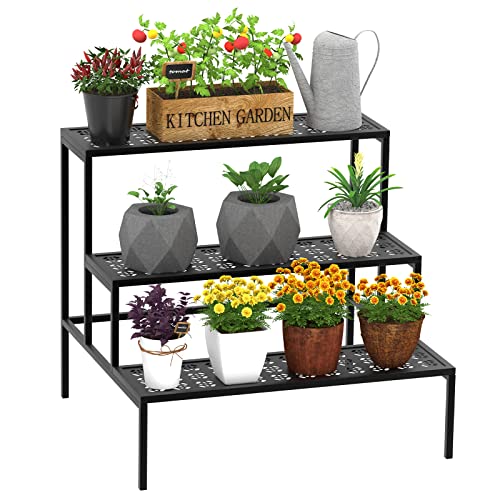 Plant Stand For Indoor Plants, Corner Rectangle 3-Tier Metal Ladder Shelf Corrosion & Weather Resistant Flower Pot Rack Black, Garden Display Shelf Flower Fits Indoor & Outdoor #TOP12