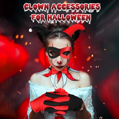 Quinn Jester Costume Accessories for Women & Kids - 5PCS Black & Red Halloween Clown Headband, Eye Mask, Bow Tie, Gloves - Image 4