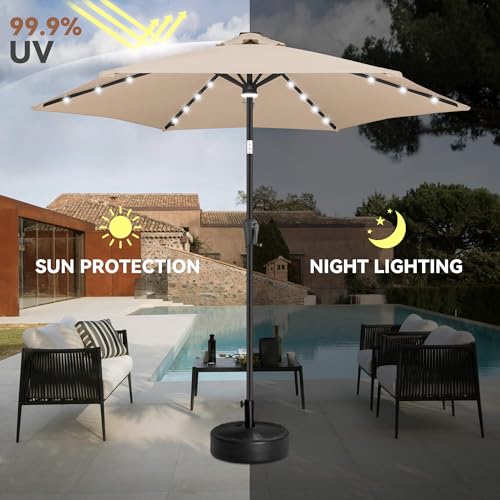 Image of 10FT Solar Patio Umbrella - Outdoor Umbrella with Centre Surround Light 24 LED Lights, Market Table Umbrella with Tilt for Pool, Porch, Garden, Deck, Backyard UV Protection (Beige)