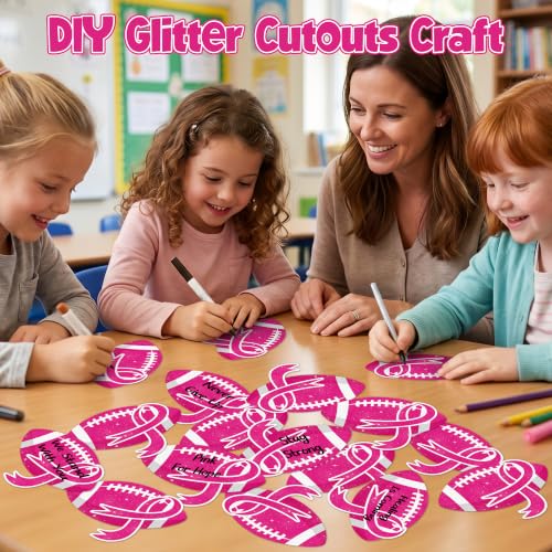 Image of Hot Pink Football Glitter Cutout for Breast Cancer Awareness Party Supplies | 100Pcs Glitter Pink Football Cuts for Birthday Favor Sport Ball Paper Cuts with Glue for Pink Out Party Bulletin Board Decor