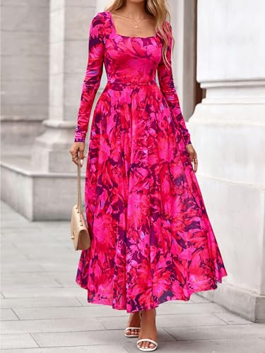 BTFBM Women Maxi Dress Fall 2025 Fashion Elegant Long Sleeve Square Neck Floral Print Party Club Wedding Guest Dresses