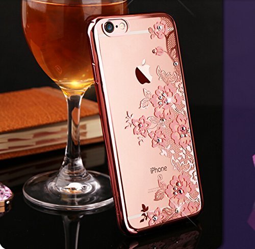 iPhone 6s Plus Case, V-Fyee [Lace Flower Series] Slim Dual TPU Rubber Back Cover with Pink Flower and Bling Sparkle Glitter Stone Diamond Case for iPhone 6 Plus/ 6s Plus 5.5 inch - Rose Gold