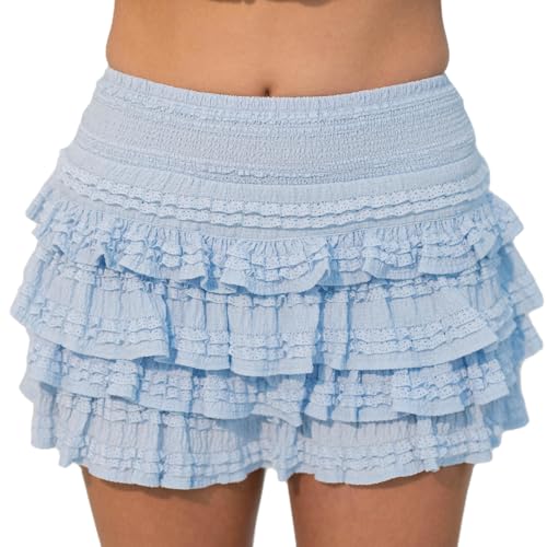 Women Lolita Skirt Smocked Waist Layers Tiered Ruffle Mini Skirt Floral Eyelet Lace Trim Kawaii Cottagecore