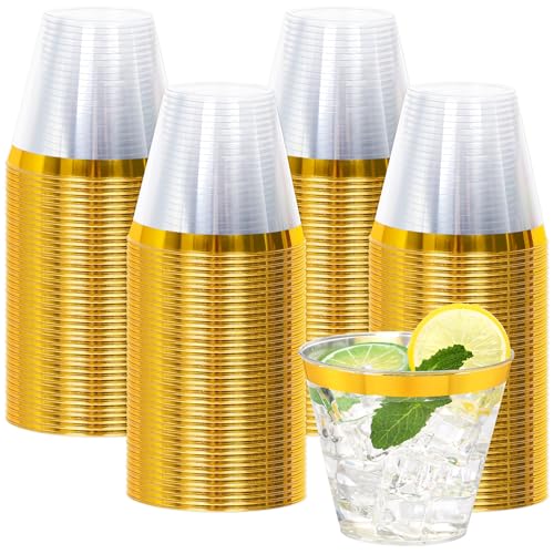 Image of 100 Pcs Gold Plastic Cups,9Oz Gold Rimmed Plastic Cups,Heavy Duty Gold Rim Clear Disposable Plasitc Cocktail Tumblers Wine Cup for Party,Wedding,Birthday,Christmas