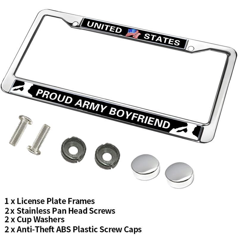 Image of Proud Army Boyfriend 2-Holes Stainless License Plate Frame,Proud US Army Polish White Stainless Steel License Plate Frame with Screws Caps Sets