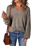 SHEWIN Sweaters for Women Casual Long Sleeve V Neck Lightweight Crochet Sweater Hollow Out Cable Knit Pullover Womens Tops Spring Fashion 2025 B Chestnut X-Large