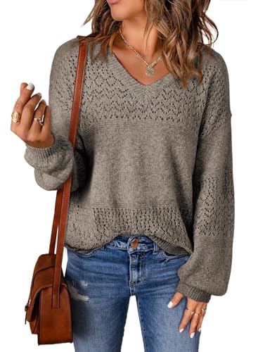 SHEWIN Sweaters for Women Casual Long Sleeve V Neck Lightweight Crochet Sweater Hollow Out Cable Knit Pullover Jumper Solid Womens Spring Tops B Chestnut Small