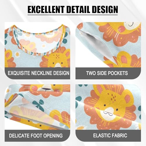 ALAZA Cute Lion Blossom Leaf Pajamas Set Short Sleeve Cotton Sleepwear Summer Pjs 2 Piece 5-14Y4