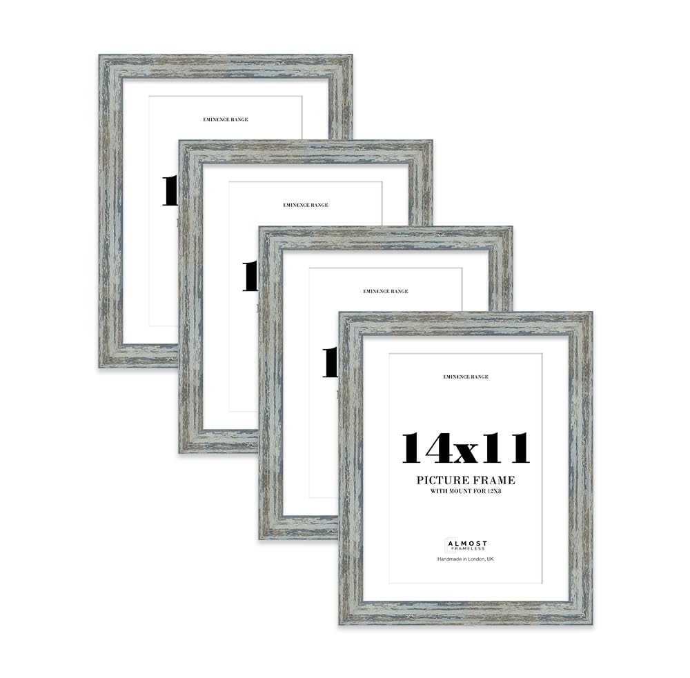14x11" Distressed Blue Picture Frame with 12x8" Mount - Reclaimed Wood Style Photo Frame with Distressed Finish, Wall Hooks and Kickstand, 32mm Edge - 4 Pack