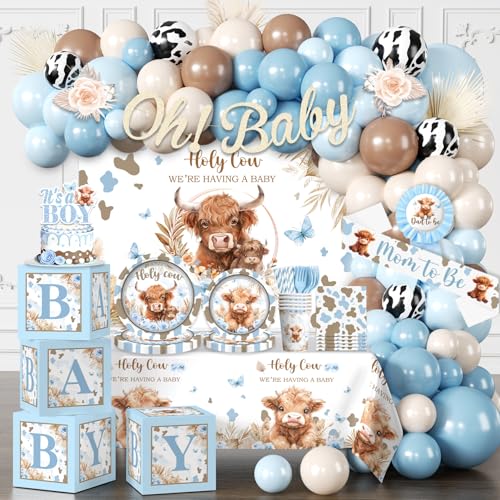 Cocomigo 241pcs Highland Cow Baby Shower Decorations for Boy, One-stop Package Includes 40 Plates 2 Tablecloths 1 Sash and 1 Pin, Complete Balloon Arch Tableware Set for Baby Shower