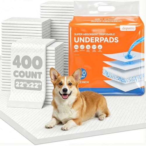Image of Puppy Pads 400 Count Bulk Pack - Dog Pee Pads with Adhesive Sticky Strips, Super Absorbent Leak-Proof Potty Training Pads for Puppies and Dogs, 22 inch x 22 inch White