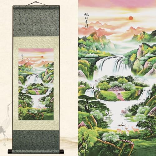 Arte de pared para dormitorio en pergamino de seda con pintura de paisaje para sala de estar