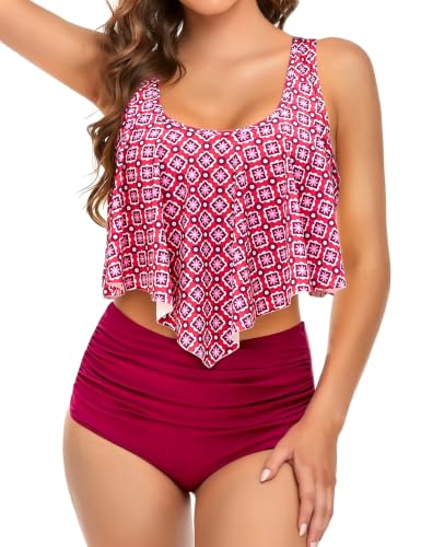Image of Edelqual Tankini Swimsuits for Women High Waisted Bikini Sets Plus Size Two Piece Bathing Suits Tummy Control Swimwear