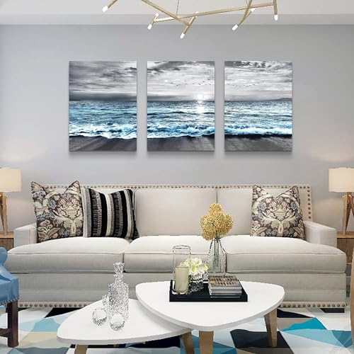 Lapremoly Canvas Wall Art For Living Room, Bedroom & Office Decor - Black & White Beach Wall Painting - Blue Ocean Sea Wave Pictures - 3 Piece Set - 20x28 in