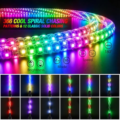 Image of Nilight LED Whip Light 2PC 2FT Spiral RGB Antenna Whips with Spring Base, App /Remote Control DIY Chasing Patterns Brake & Reverse Turn Signal Lights for Side by Side ATV UTV RZR Can-Am Buggy Jeep