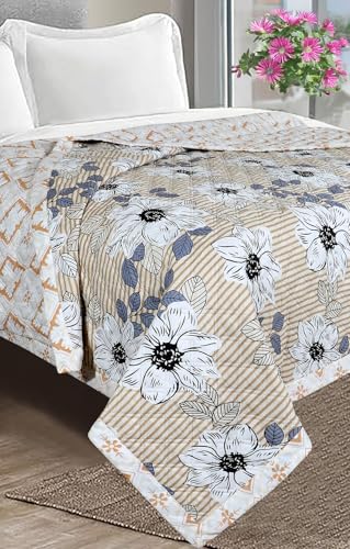 Image of VAS COLLECTIONS Ultrasonic Quilted AC Blanket | 280 TC Super Soft All-Season Comforter | Lightweight King Size Bedcover /Rajaai /Bedspread for Double Bed (220 x 230 cm, White, Yellow & Blue)