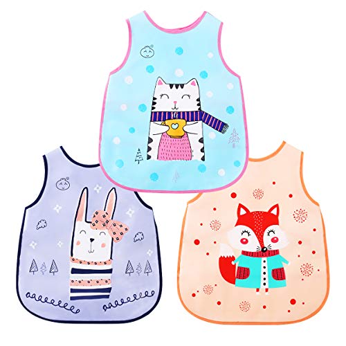 Slabbetjes baby kleine kinderen slabbetjes waterdicht korte mouwen slabbetjes voering slabbetje schort met ingebouwde tas voor baby's/peuters Kat/konijn/vos.