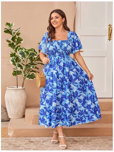Image of Floerns Women's Plus Size Floral Square Neck Flounce Short Sleeve A Line Maxi Dress