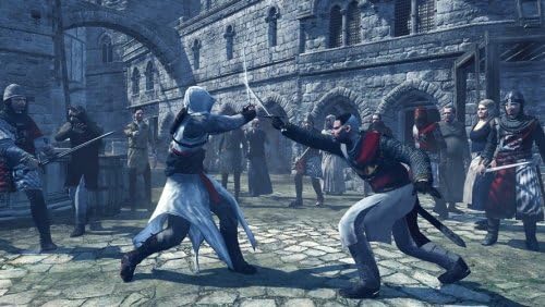 Altaïr fighting a guard in Assassin's Creed 1