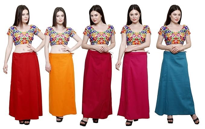 Image of Vlazom Women's Cotton Saree Petticoat - Pack of 5 Inskirts | Soft & Breathable Underskirts | Adjustable Drawstring Waist | Multicolor for Daily & Occasion Wear