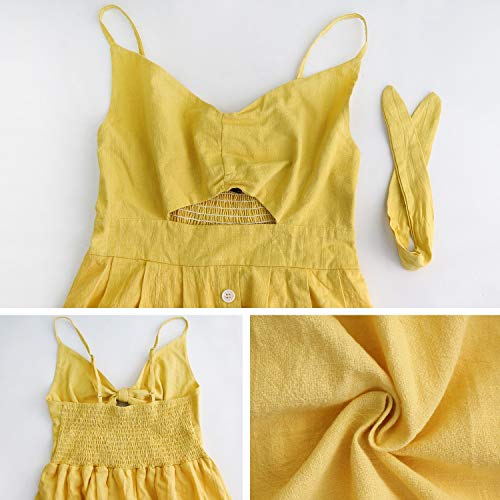 FANCYINN Gravata feminina amarela com botão frontal para baixo alça espaguete vestido midi verão pra