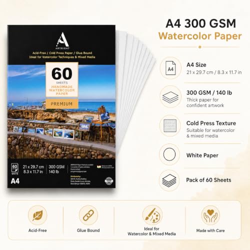 Image of ArtRight Artists' Watercolor Paper A4 300 GSM - 60 Sheets of Handmade Rough Grain Water Colour Papers for Watercolour, Acrylic, Gouache, Ink & Mixed Media