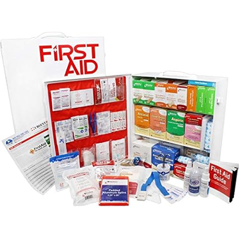OSHA & ANSI 3 Shelf Industrial First Aid Cabinet with Pocket Liner, 100 Person, 1382 Pieces, 2015 Class B+, Types I & II, Made in USA by Urgent First Aid™ with extra content & NEW ANSI First Aid Guide Cover