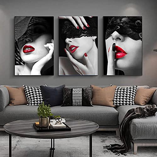 3 STÜCKE Modernes Wandbild Sexy Rote Lippen Frau Wandbild Druck Mode Frau Leinwand Malerei Poster Druck Kunst Moderne Dekoration 40x50cm(16x20in) x3 Mit Rahmen Cover
