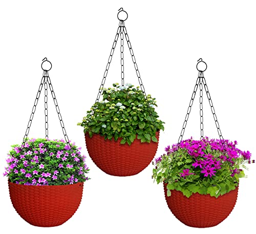 Image of Heat Home Plastic Hanging Flower Pot for Balcony & Railing Set (Red, Set of 3)