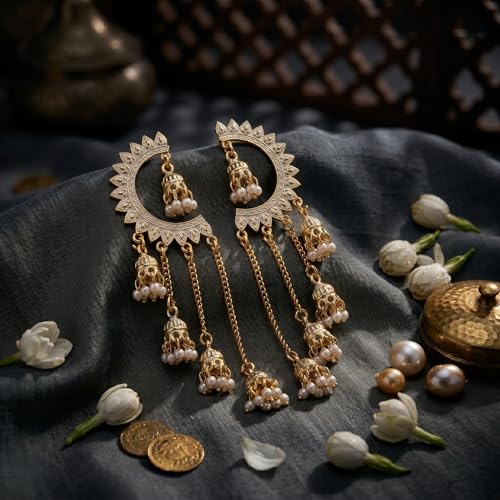 Image of WORLD CRAZE Multicolour long kashmiri jhumka for women chandbali earrings chand baliyan | kashmiri earrings for women | bahubali earrings stylish | Traditional Indian Festive Jewelry | Long Chain Tassels | Pearl Drop Latkan Jewellery (Multi colour)