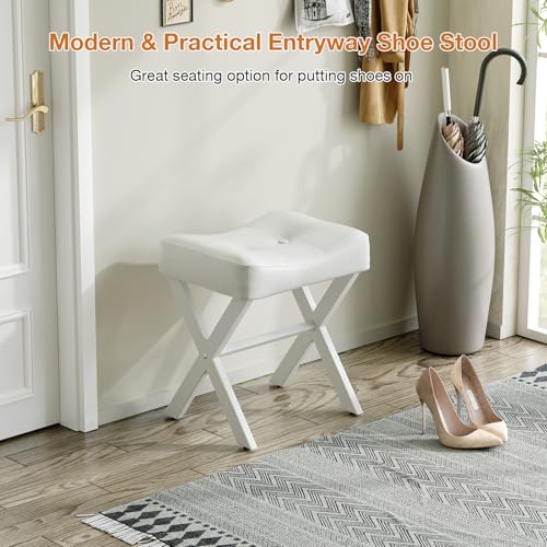 Image of Memobarco 18-Inch Leather Vanity Stool Chair, Vanity Bench with Metal X-Leg, Ottoman Accent Stool with Thick Padded Saddle Seat, White