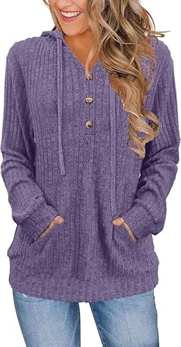 Kenhansion Womens Long Sleeve Sweaters Fashion Fall Pullover Hoodies Casual Sweatshirts Outfits Winter Clothes with Pocekts (Dark Purple,Large)