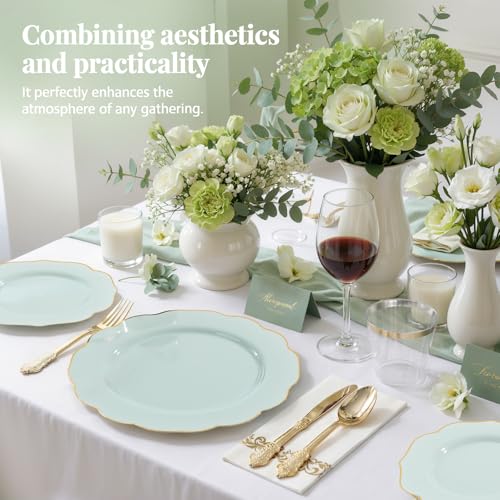 NOCCUR 175PCS Sage Green Plastic Plates with Gold Disposable Silverware - Include 50 Green and Gold Plastic Plates,25 Knives,25 Forks,25 Spoons,25 Cups and 25 Napkins - Wedding/Party/Baby Shower by NOCCUR - Image 3