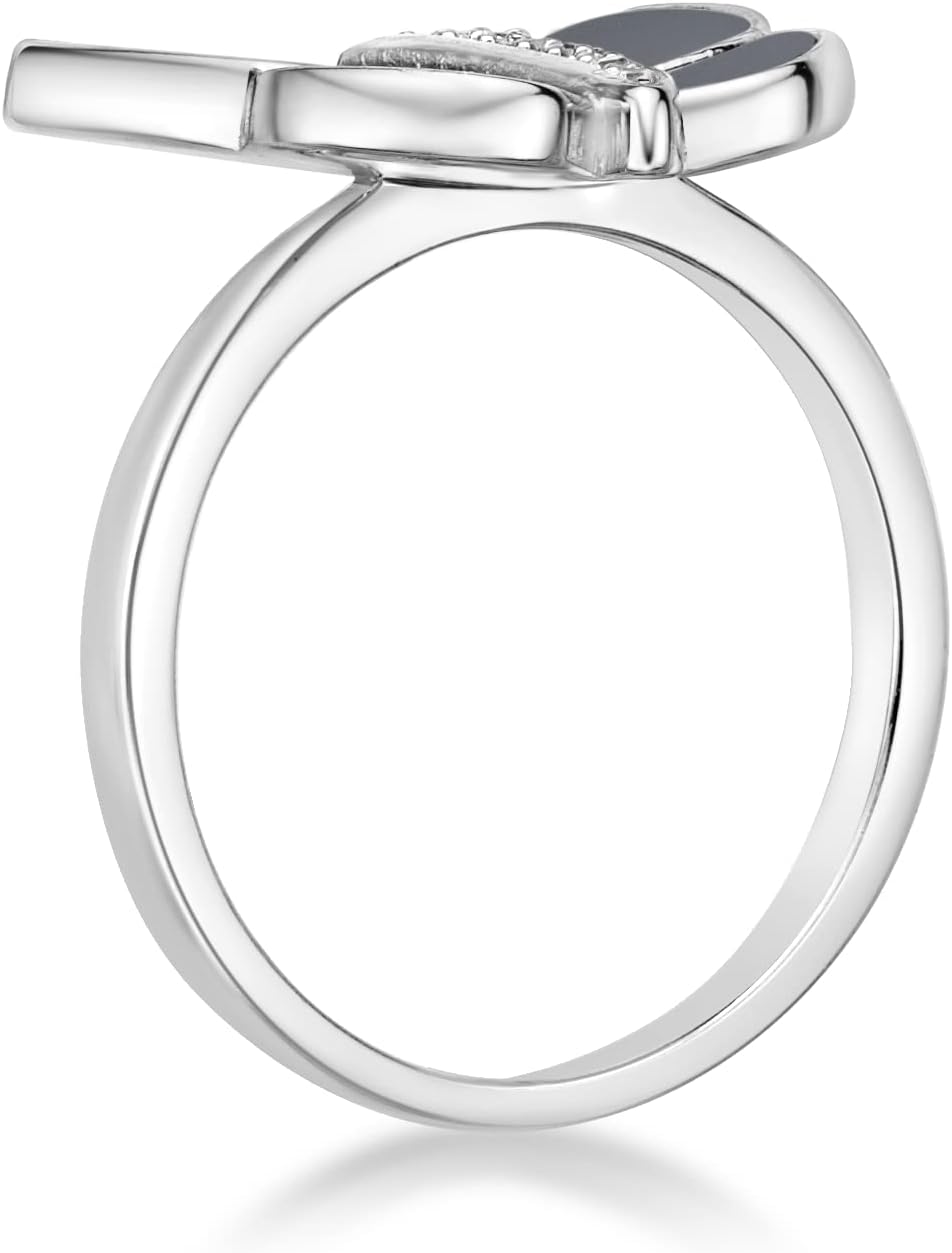 Lavari Jewelers Black Onyx Malachite or Mother of Pearl and Cubic Zirconia Butterfly Ring for Women in 925 Sterling Silver Anniversary Ring Size 6 to 8