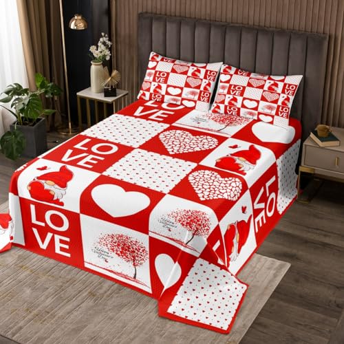 Castle Fairy Juego de colcha para el día de San Valentín, tamaño King para mujeres adultas, con estampado romántico de corazón, rojo y blanco, con 2 fundas de almohada, diseño geométrico a cuadros,