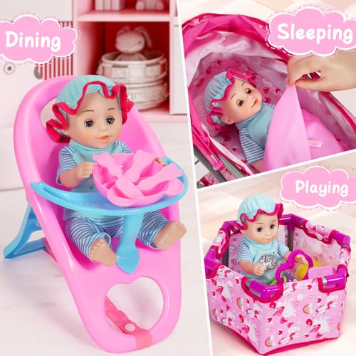 Image of DRAMATION Baby Doll Stroller Set for Girls Toddlers 3-5 4-6, Baby Doll Set with 11'' Doll, Foldable Unicorn Doll Stroller, Playpen, Dining Chair and 24 PCS Baby Doll Accessories, Baby Stroller Toy