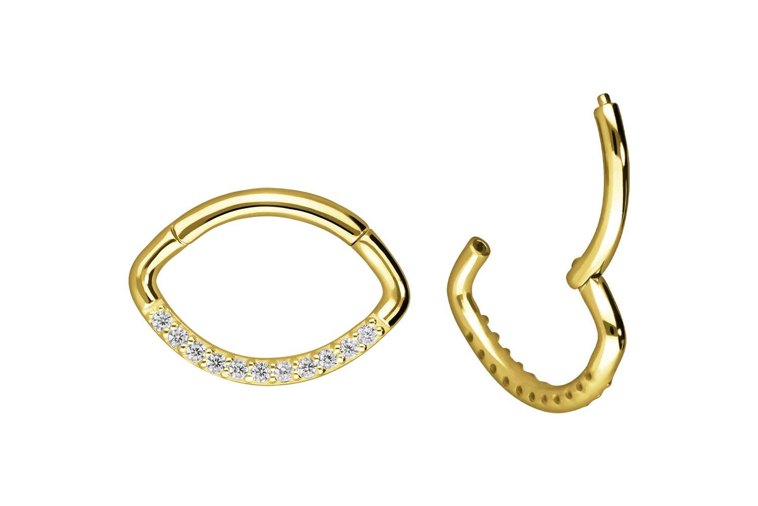 PIERCINGLINE 18 Karat Gold Piercing für Nase Septum Ohr Helix oder Tragus Segmentring Clicker OVAL + EINGEFASSTE KRISTALLE Gelbgold