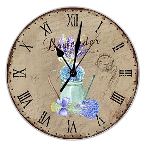 Reloj de pared redondo con flores de lavanda francesa, de PVC, funciona con pilas, silencioso, de 30,5 cm, estilo rústico y elegante, decoración para el hogar, cocina, sala de estar, dormitorio,