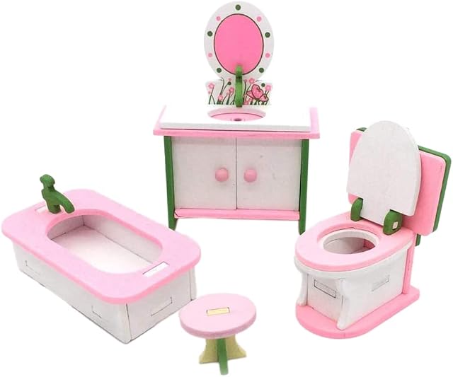 Yicare Miniature Dolls House Furniture Kids Wooden Furniture Toys Building Blocks Baby Room Play Toy Miniature DollHouse Kit for Toddler 3-5 Years Bathroom