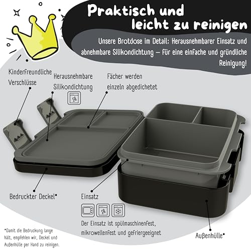 Image of BEARFOOT Kids Lunch Box with Compartments - Compact & Lightweight | Leak-Proof, BPA-Free, Dishwasher Safe | Hand-Drawn Design for Preschool, School, Travel (Game Black, 2.75 Cups)