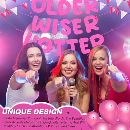 Image of Fulmoon Set of 3 Pre Strung Older Wiser Hotter Glitter Banner Funny Birthday Banner for Women 30th 40th 50th 60th 70th 80th Birthday Party Decorations Sign Gift(Light Pink)