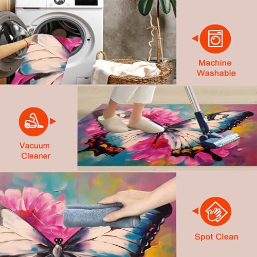 Tapis motif papillon et fleur rose blush effet peinture a l'huile