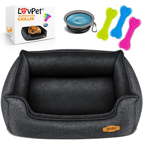 Lovpet® Hundebett Hundekissen Hundekorb Chiller, Inkl. Napf + 3X Kauknochen, Hundesofa Kissen für Kleine, Mittelgroße & Große Hunde, Bezug abnehmbar und waschbar, L 90 x 75 x 25 cm Anthrazit