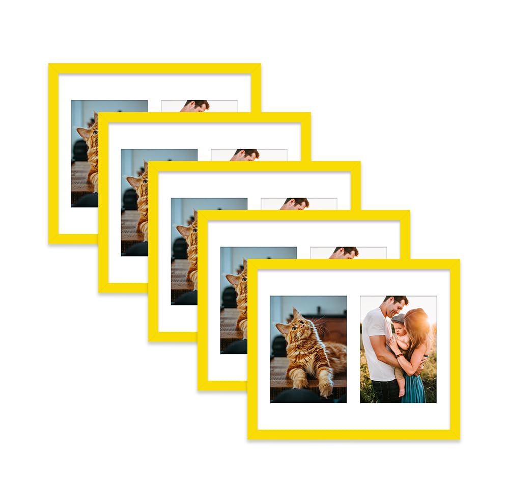 Yellow Multi Photo Frame - Holds 2 x 7x5 Pictures, Family Collage Picture Frame for Wall Display, 12x10 Frame size, Set of 5