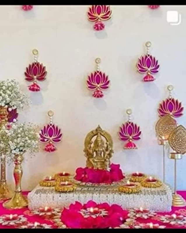 Divyakosh Handmade Wall Decor Lotus With Jhumki Style Hanging For Home Decor,Diwali Decor,Wedding&All Festival Decor (12 Pcs)|Lotus Hangings For Home Decoration|Lotus Mdf Decoration|Lotus Latkan,Pink