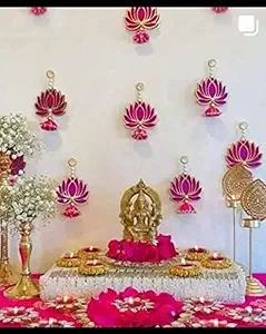 Divyakosh Handmade Wall Decor Lotus (10 Pcs - Pink) with jhumki Style Hanging for Home Decor,Diwali Decor,Wedding and All Festival Decor | Lotus Hangings for Home Decoration
