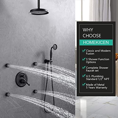 Homekice Antique Shower Faucet-Sets Complete Fixtures: 9 inch Ceiling Rain Head with Handheld Spray and Body Jets, 3 Way Diverter Brass Rough in Valve System Included Trim Kit, Matte Black — view 2
